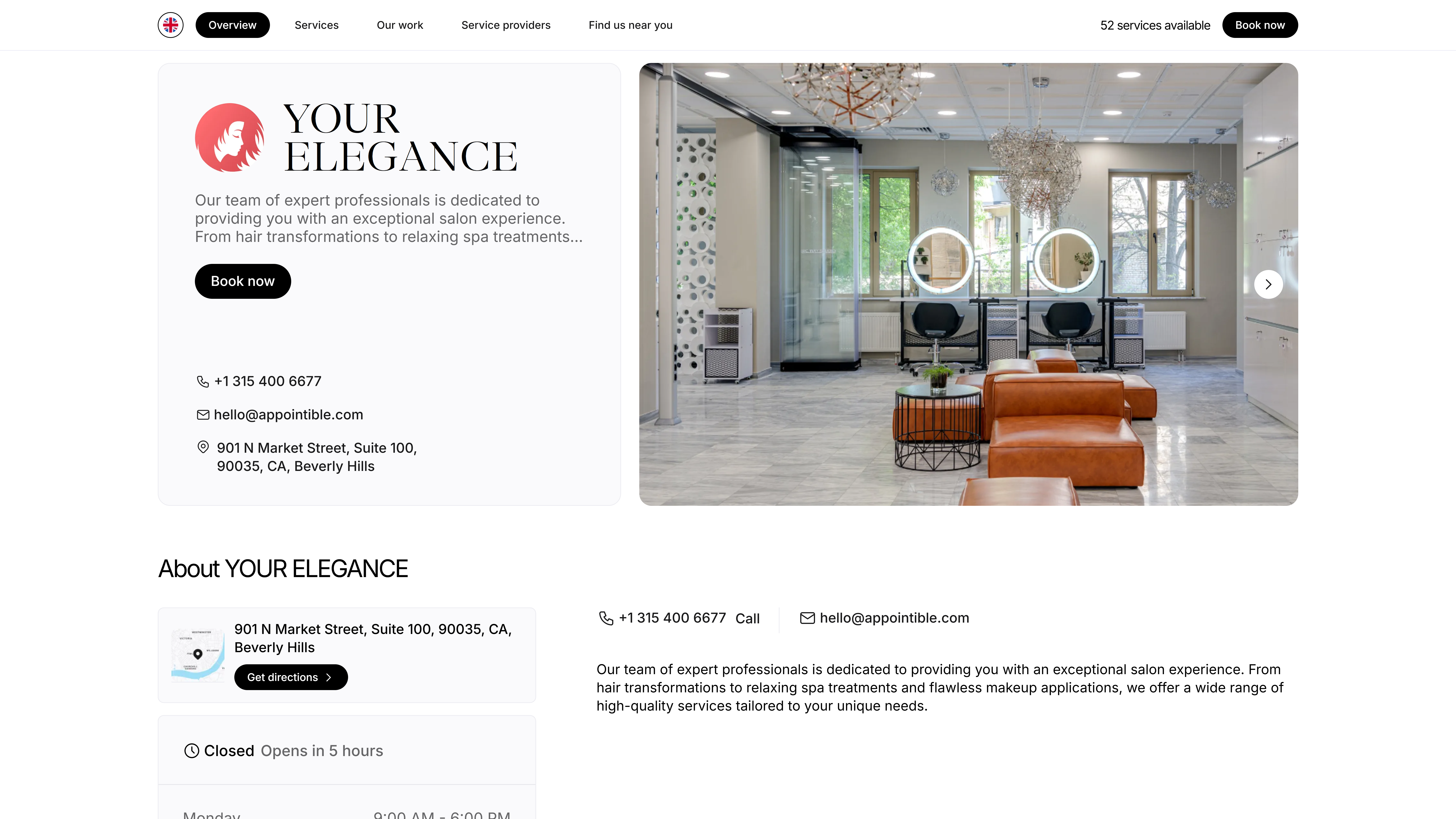 Client-facing online booking page showing salon profile, services, and Book Now button