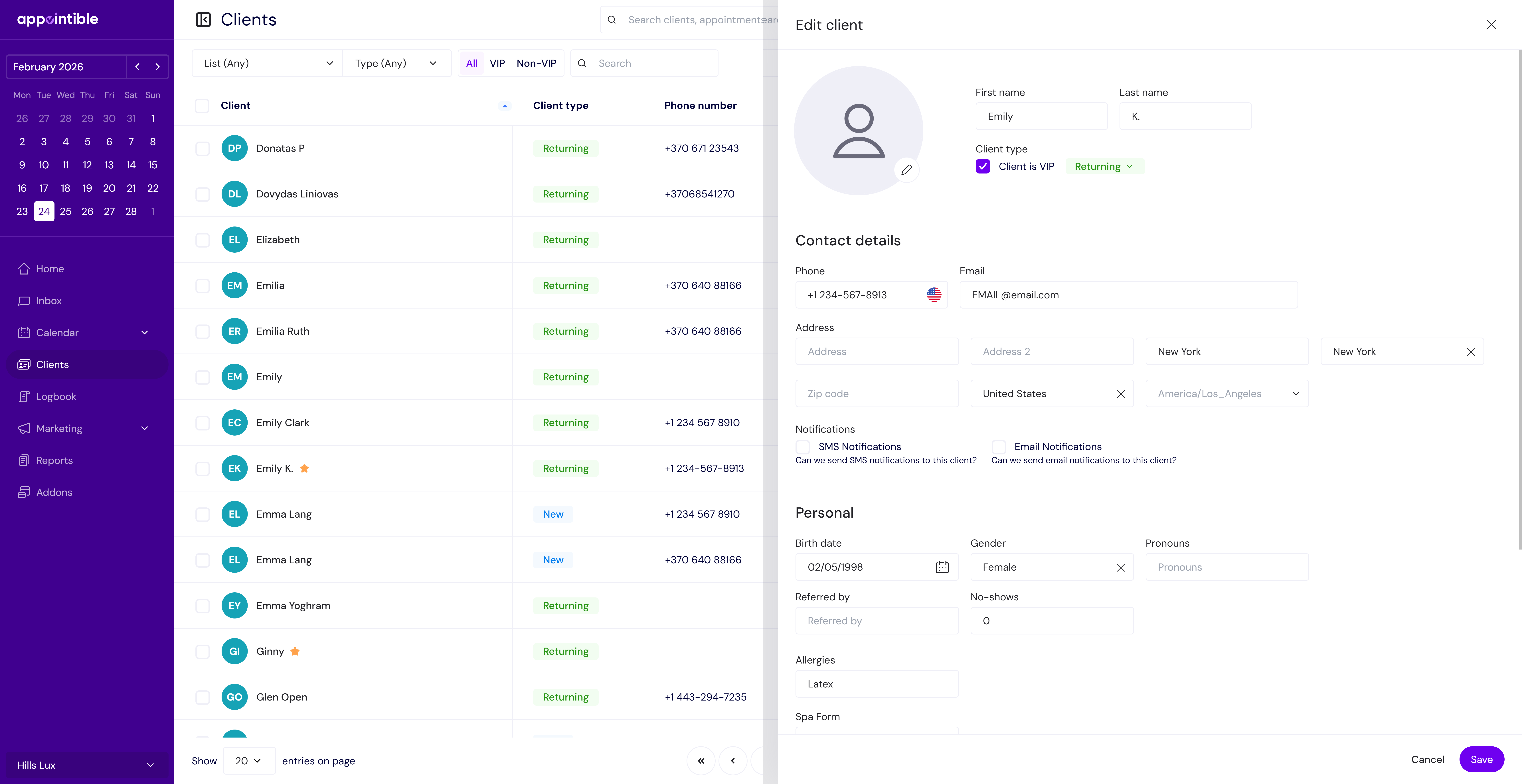 Appointible client list with detailed client profile showing contact info, preferences, and history