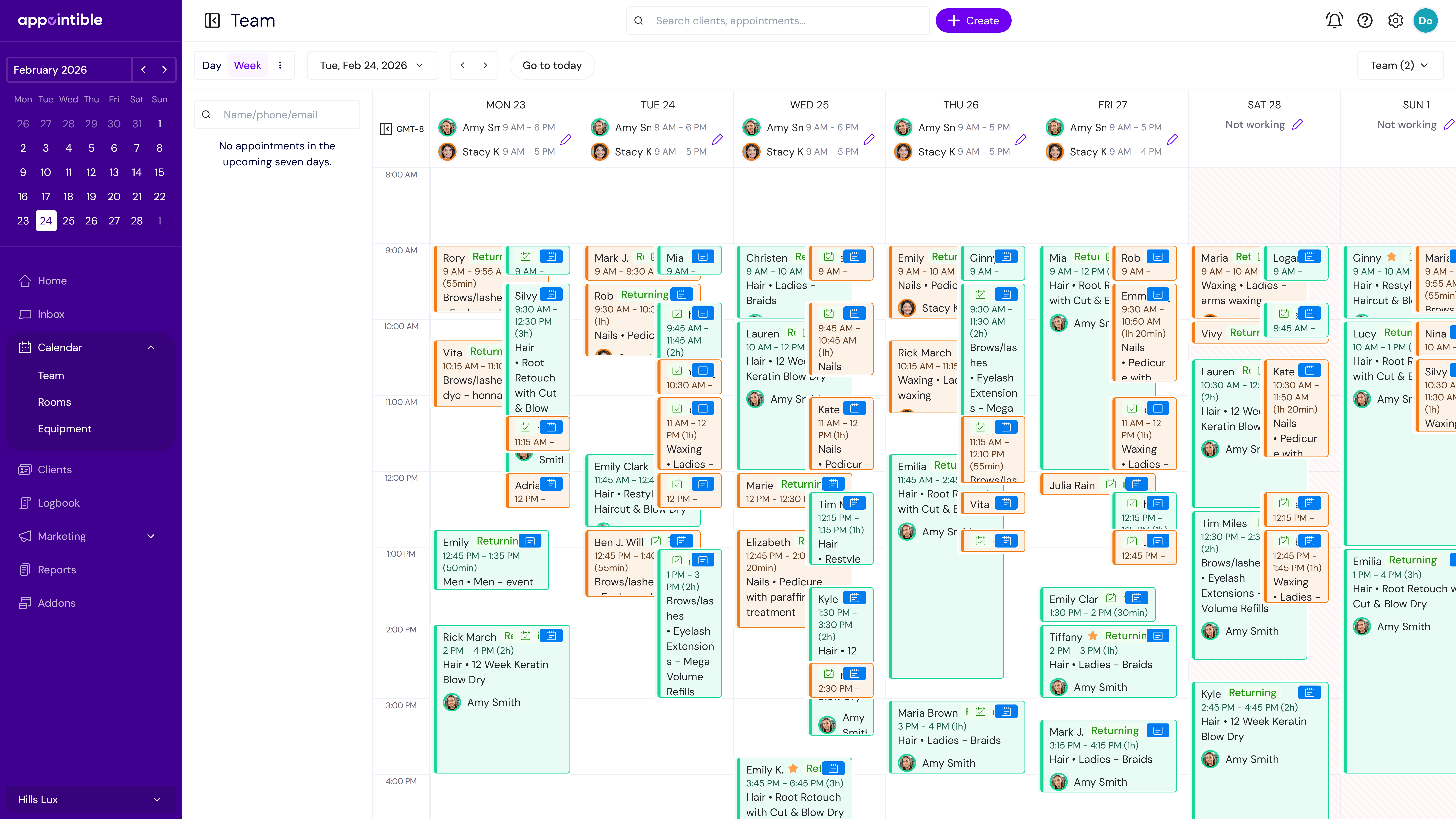Appointible team calendar showing a full week of nail appointments across multiple technicians