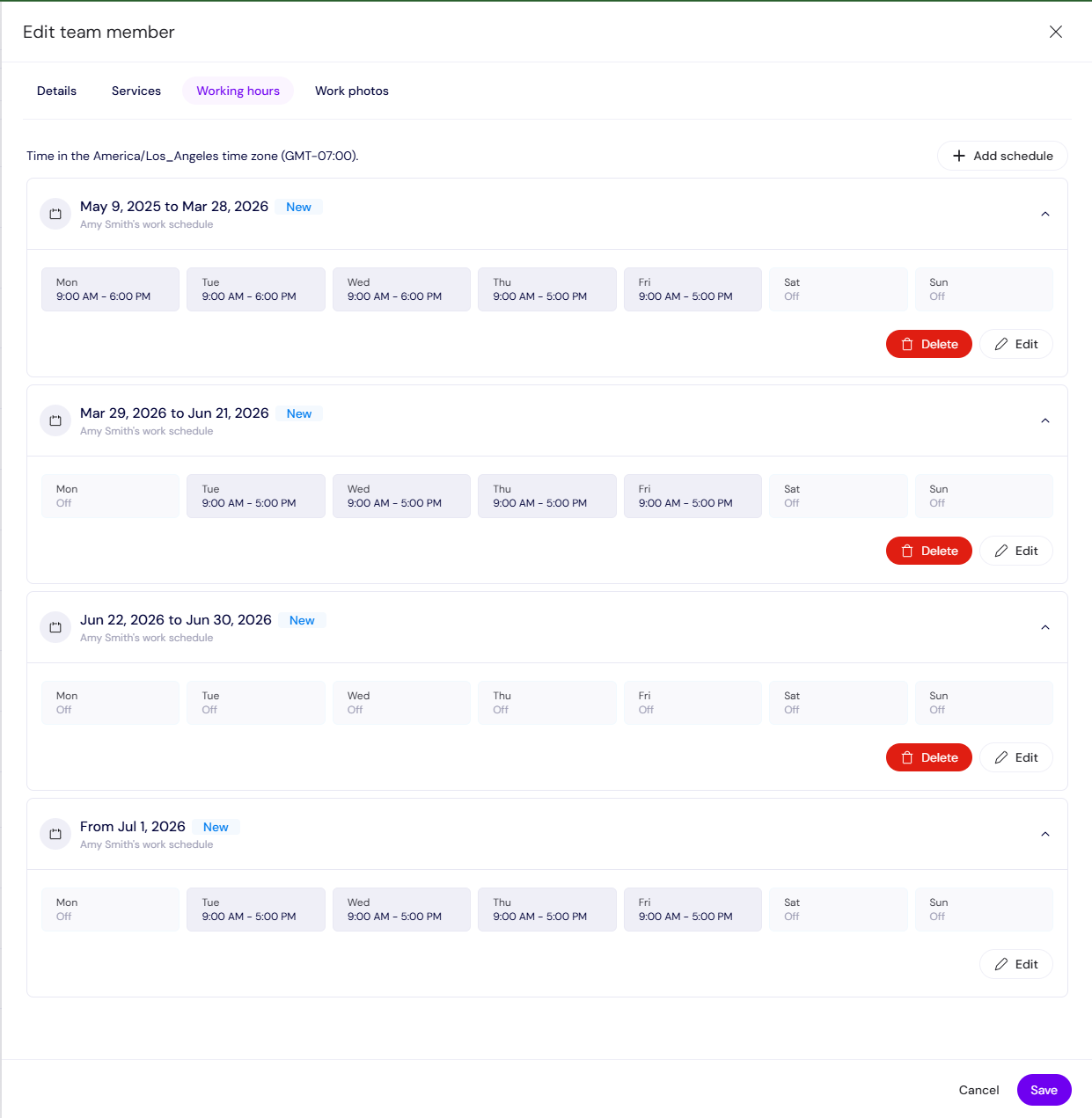 Appointible team member working hours setup showing weekly schedule configuration