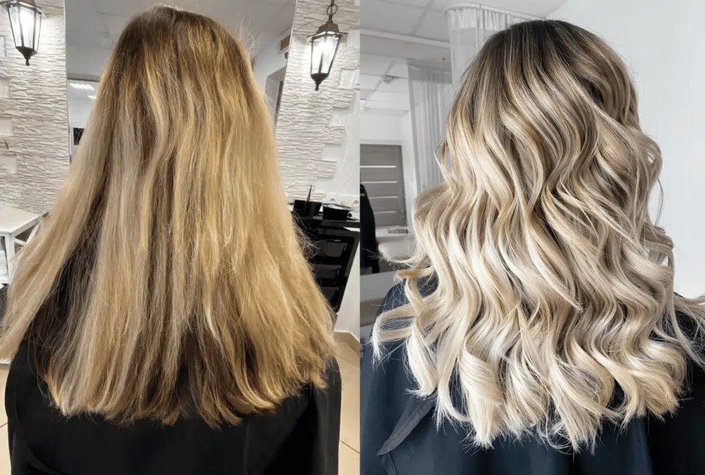 before after image of blond woman's hair 