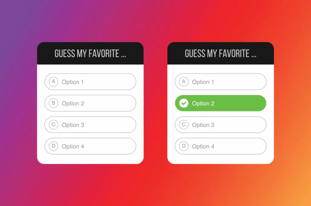 instagram quizz boxes with four options each with orange purple background