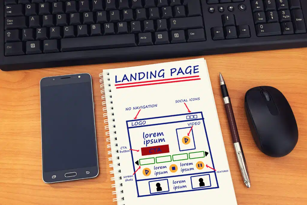 Website landing page development – sketch on notebook.