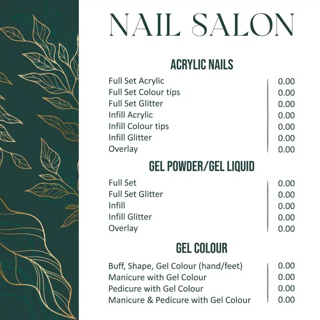 price table for nail salon services