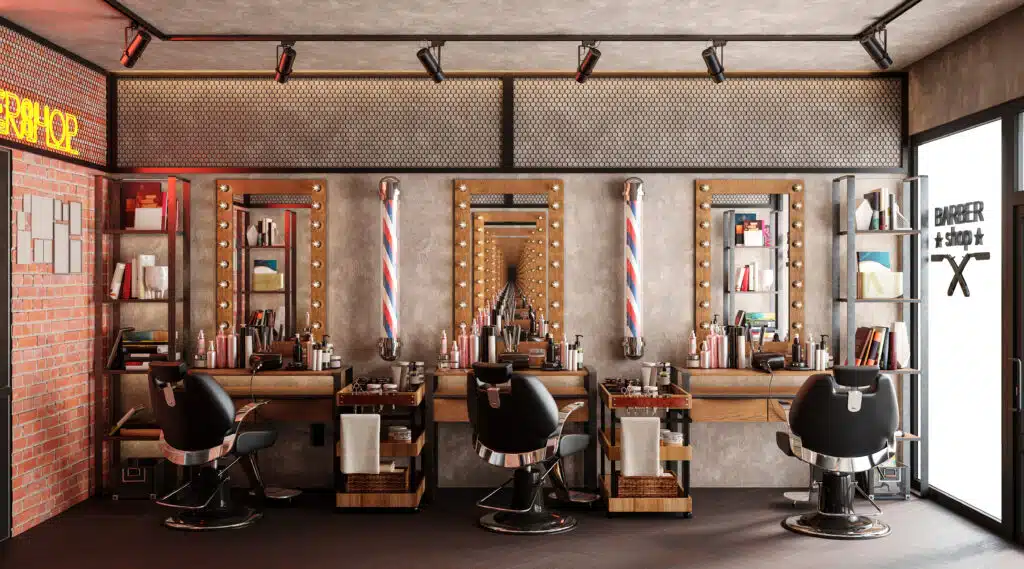 barbershop interior with three chairs and three mirrors 