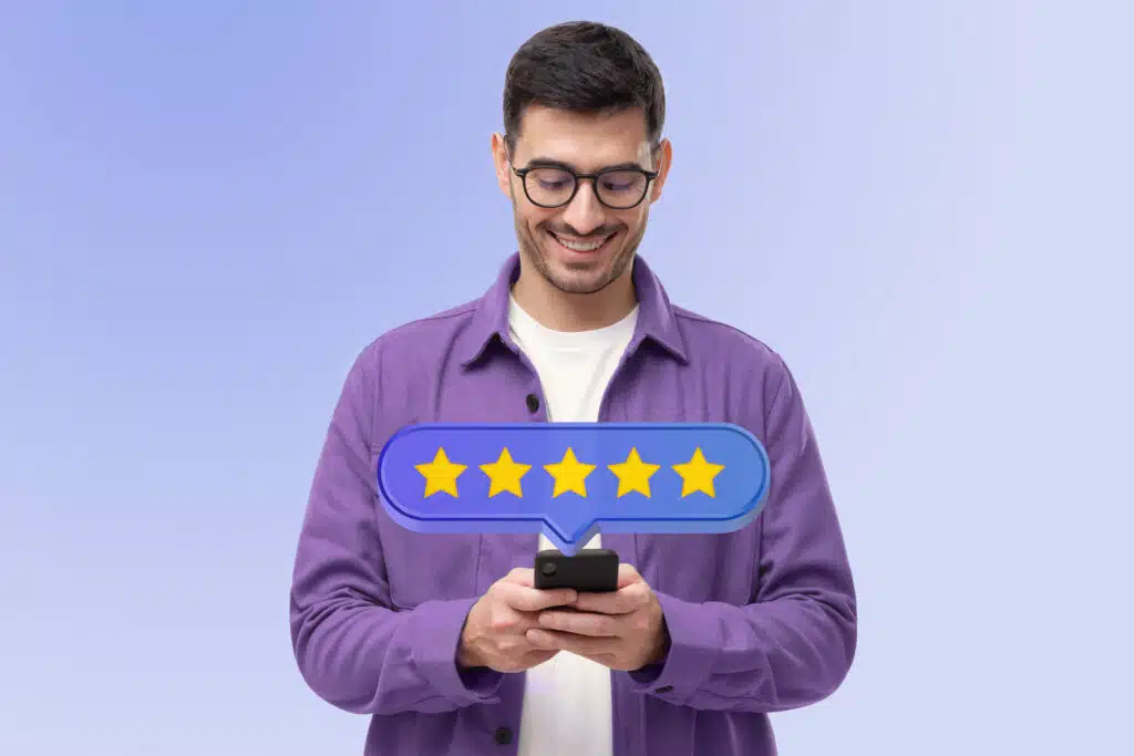 five star rating icon and customer giving excellent feedback via phone app