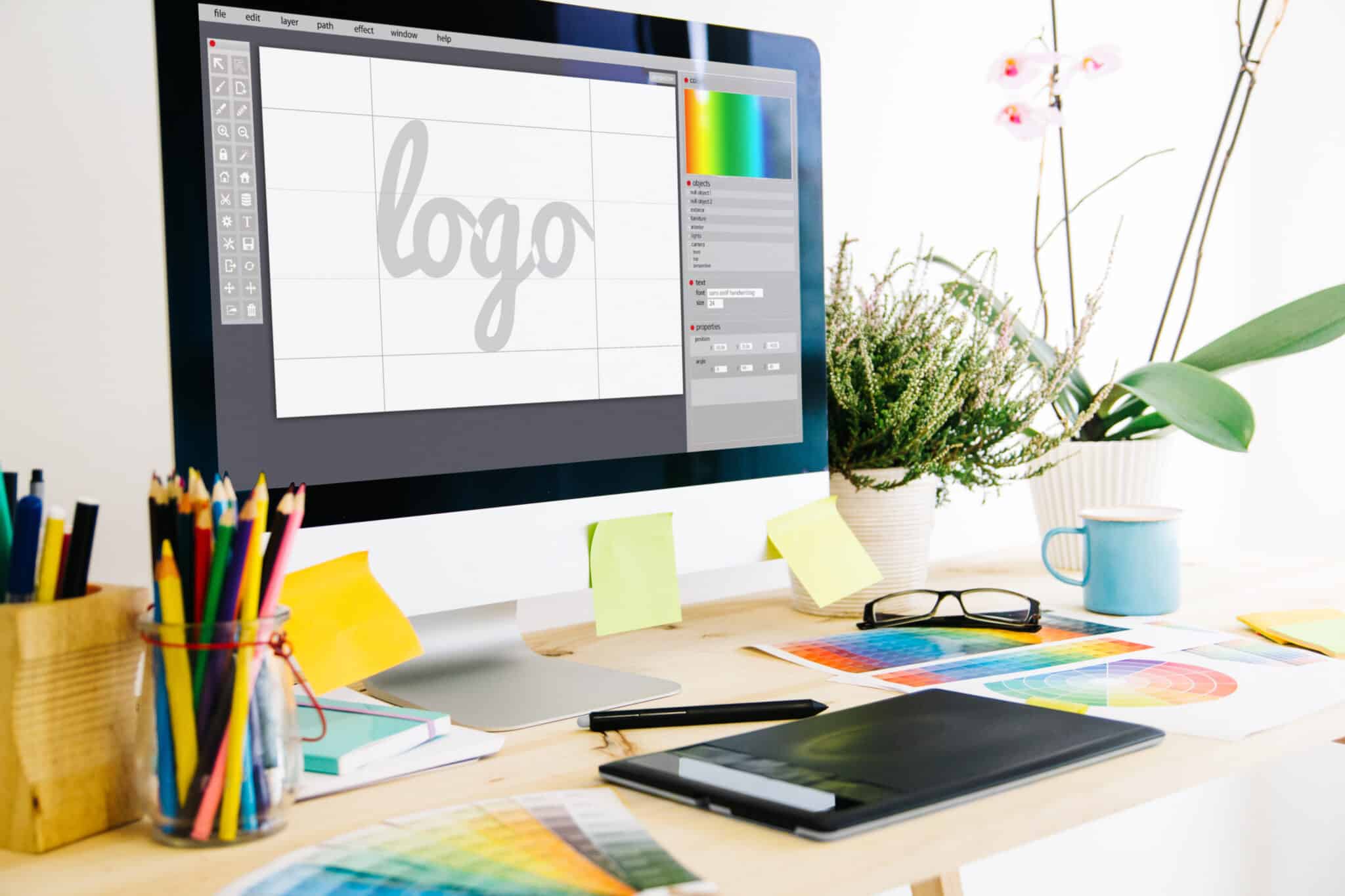 computer with logo design and desk with design materials on top