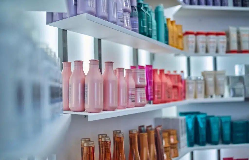 hair salon products on shelves