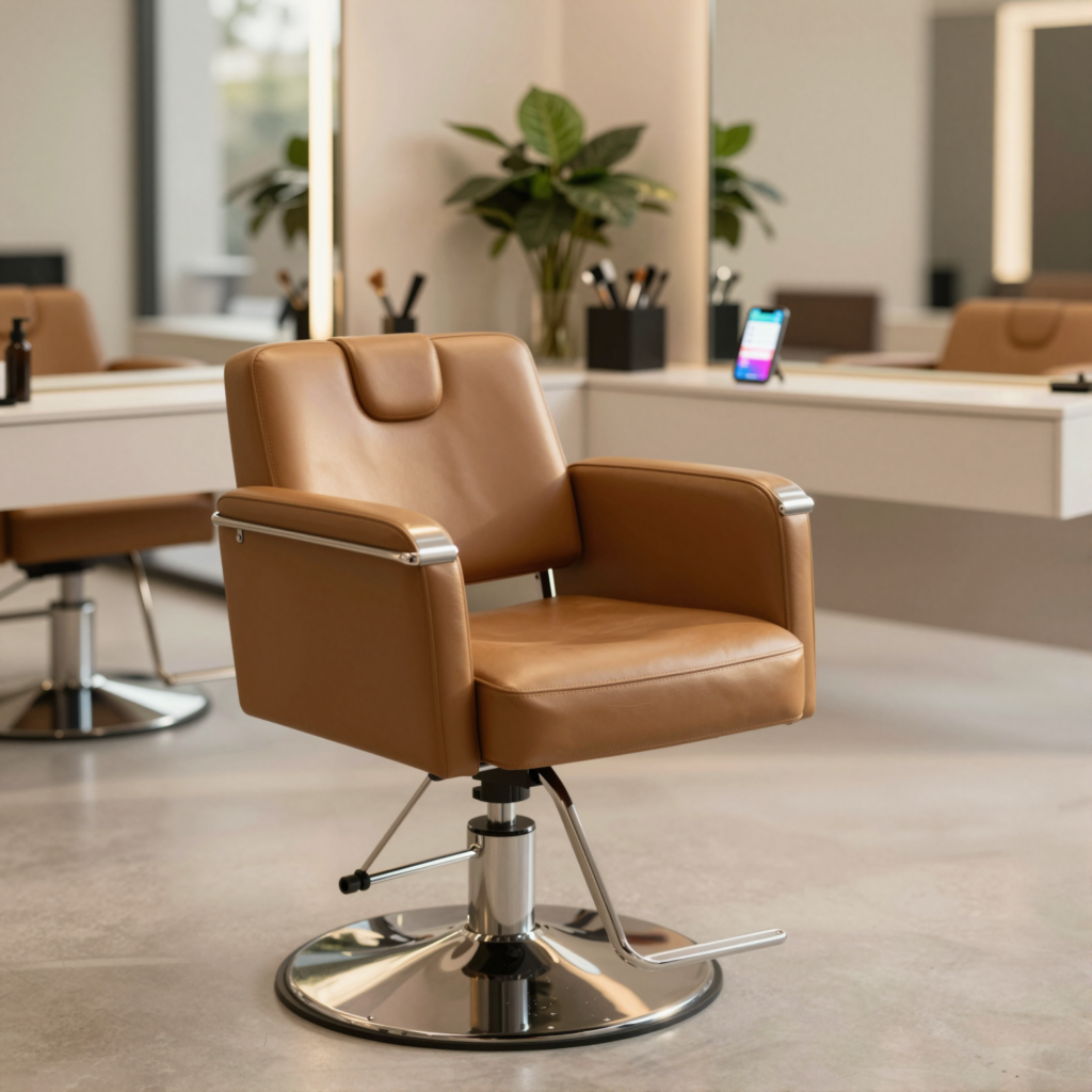 empty salon chair with phone showing appointment calendar on counter