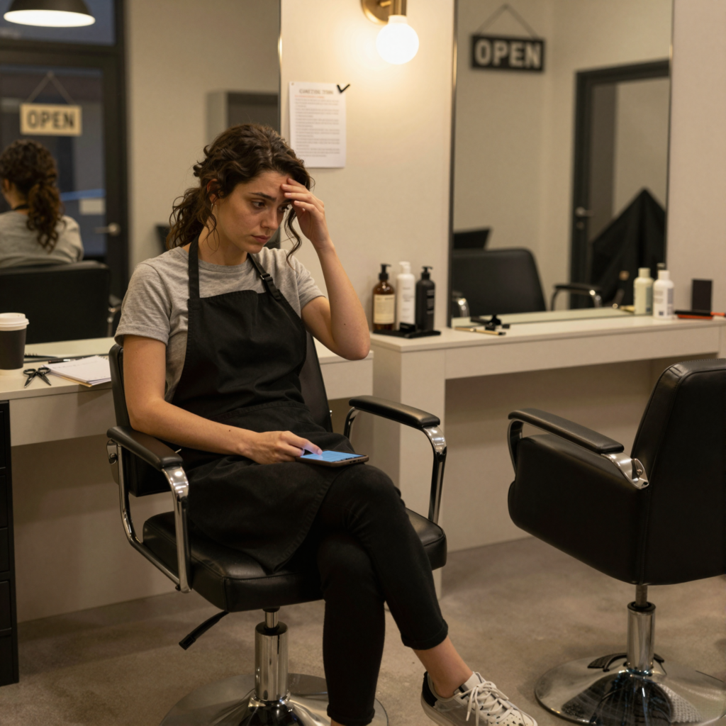 salon owner checking phone at empty station after business hours